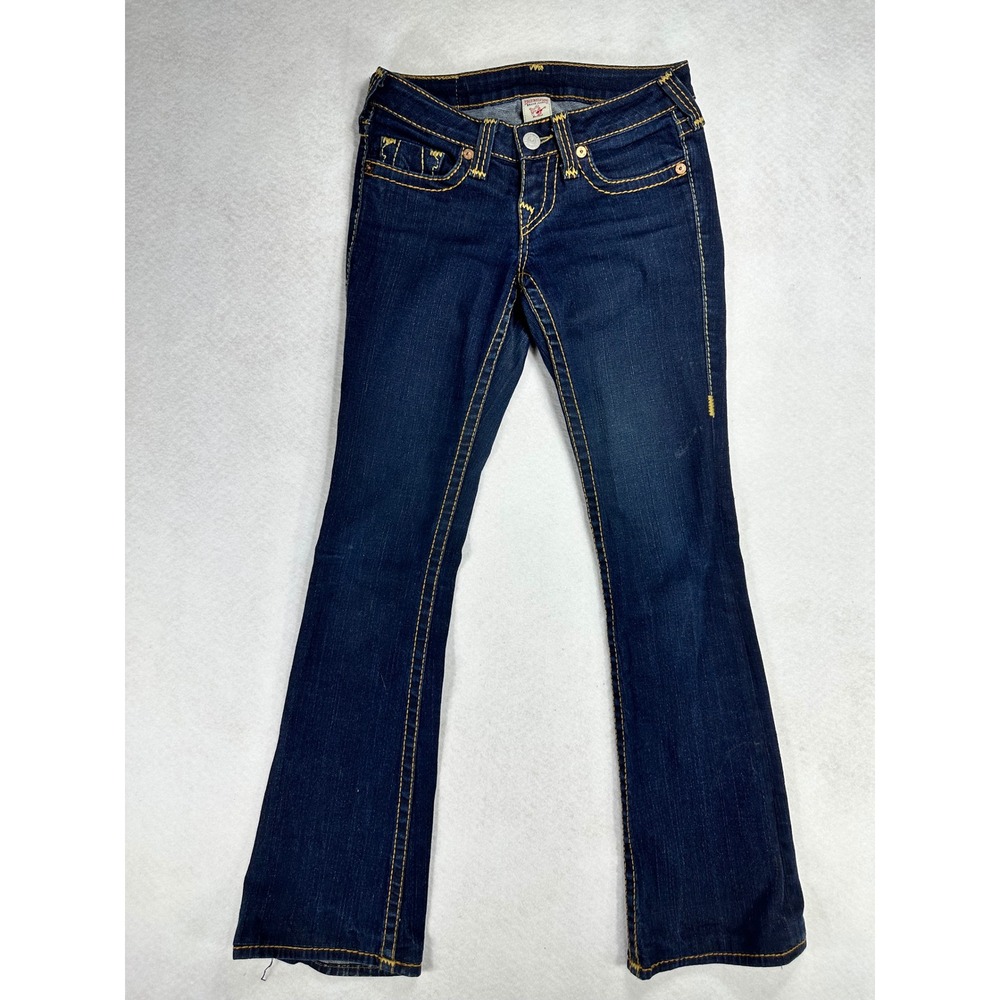 True Religion Bobby Big T Women 26 Dark Wash Yellow Stitch Flare Jeans WN82161E6